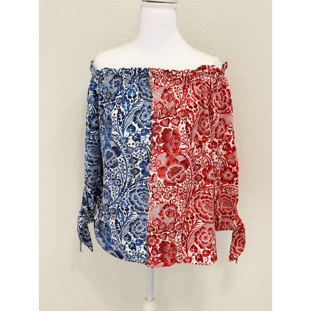Chicos Off The Shoulder Blouse Red Blue Floral Paisley Tie Cuff Rayon Top‎